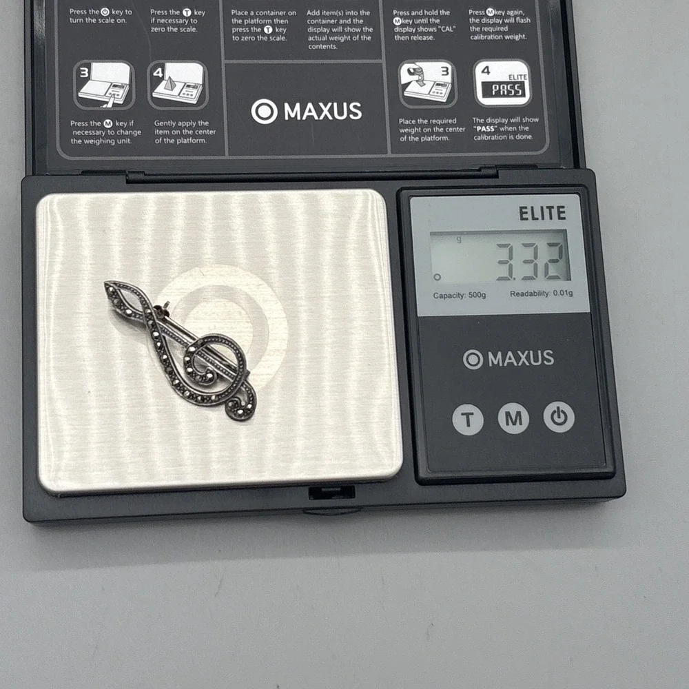 Sterling Silver‎ Marcasite Brooch Treble Clef Music Note 925 1.5